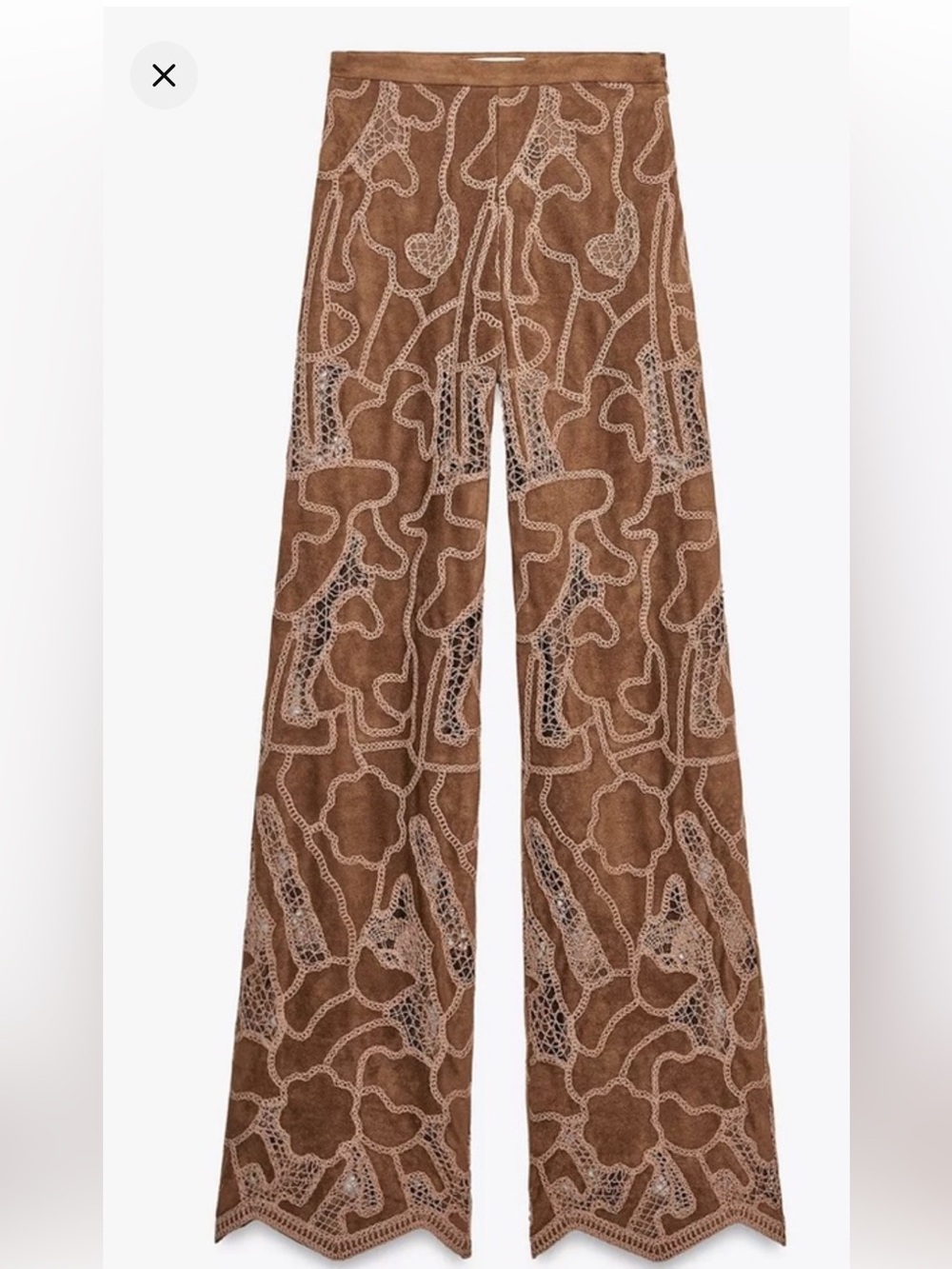 Zara Faux Suede Crochet Pants in caramel brown.